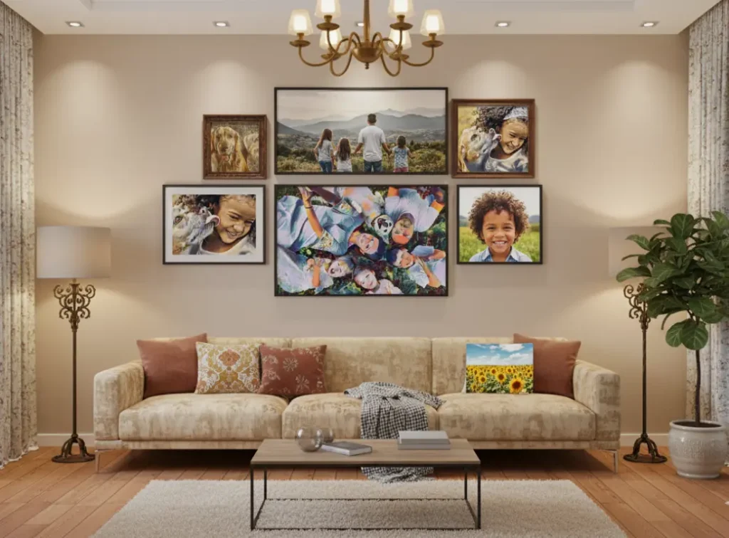 Living room decorated with variaous AI art on canvas, and framed canvas