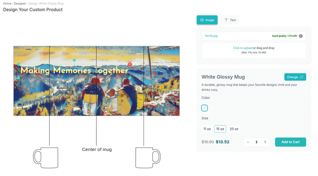 Adding custom text and resizing photo on a canvas print