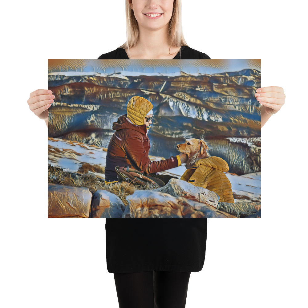 Custom poster print of a hiking photo with a dog in AI Surrealism style