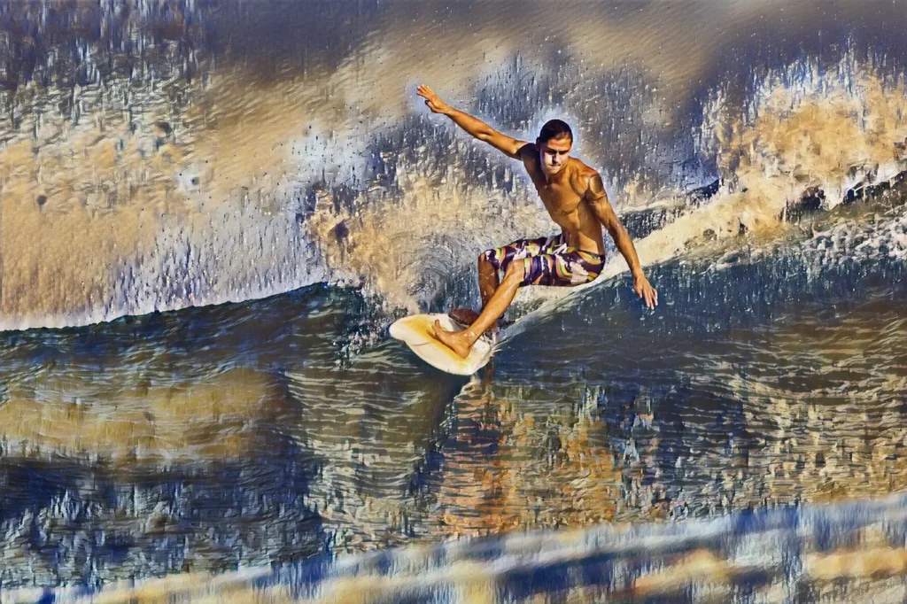 Photo of a surfer stylized as a textured Canvas painting with AI